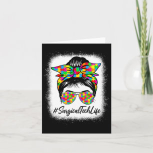 Surgical Tech Messy Bun Women Supporting Autism Aw Card