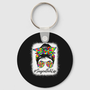Surgical Tech Messy Bun Women Supporting Autism Aw Key Ring
