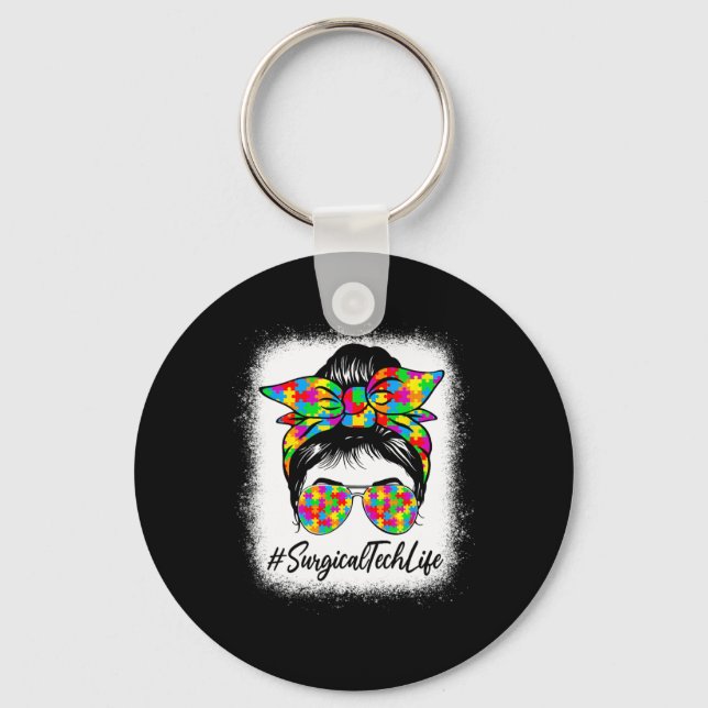 Surgical Tech Messy Bun Women Supporting Autism Aw Key Ring (Front)