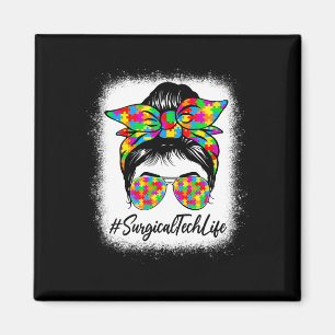 Surgical Tech Messy Bun Women Supporting Autism Aw Magnet