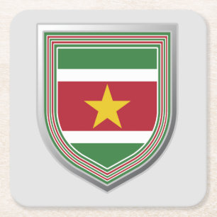 Suriname Flag Shield Square Paper Coaster