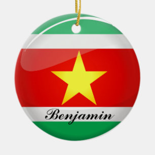 Suriname Glossy Round Flag Ceramic Tree Decoration