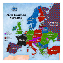 Surnames Europe Map Poster