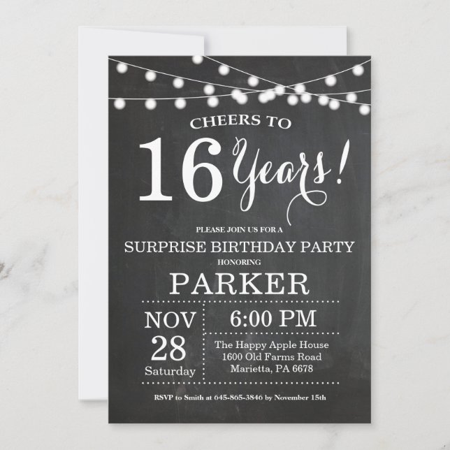 Surprise16th Birthday Invitation Chalkboard (Front)