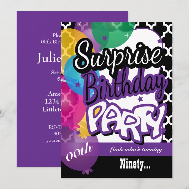 Surprise 00th Birthday with Balloons in Purple Invitation (Front/Back)