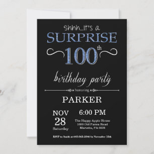 Surprise 100th Birthday Black and Blue Invitation