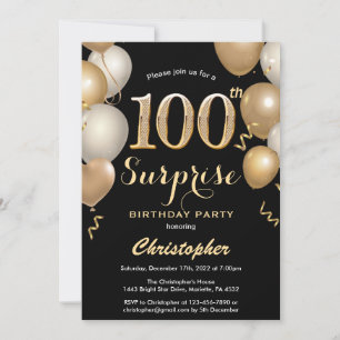 Surprise 100th Birthday Black and Gold Balloons Invitation