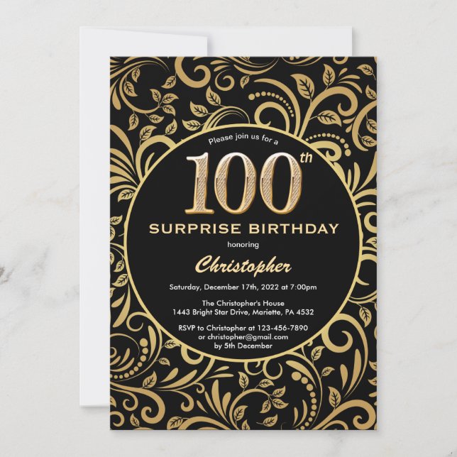 Surprise 100th Birthday Black and Gold Floral Invitation (Front)