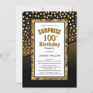 Surprise 100th Birthday Black and Gold Invitation