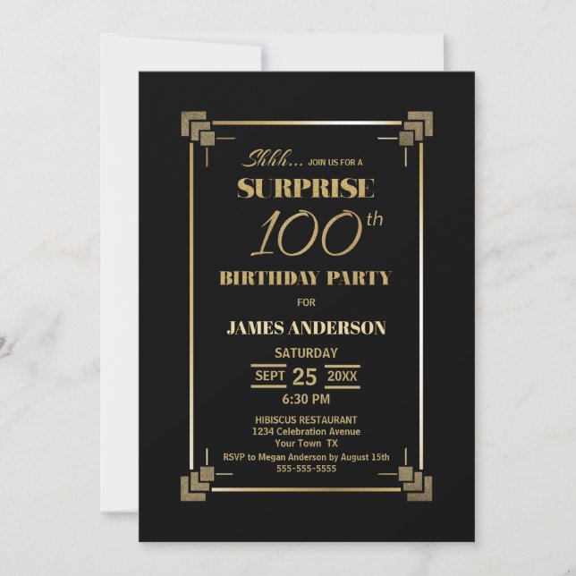 Surprise 100th Birthday Black and Gold Party Invitation (Front)