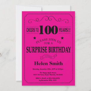 Surprise 100th Birthday Black and Hot Pink Invitation