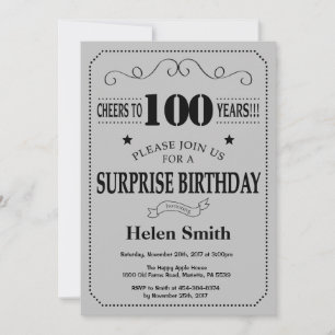 Surprise 100th Birthday Black and Silver Grey Invitation