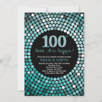 Surprise 100th Birthday Black and Teal Glitter