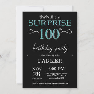 Surprise 100th Birthday Black and Teal Invitation