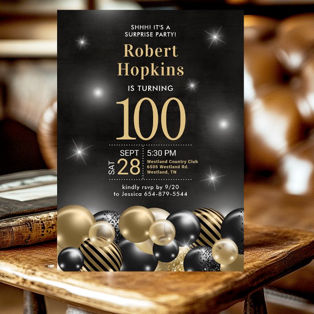 Surprise 100th Birthday Black Gold Balloons Party Invitation (Creator Uploaded)