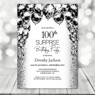 Surprise 100th Birthday Black White Balloons Party Invitation