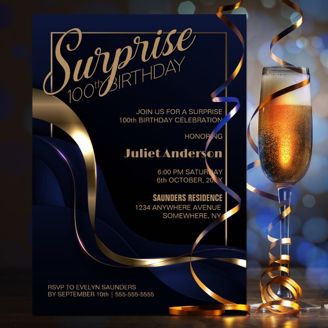 Surprise 100th Birthday Blue Gold Party Invitation (Creator Uploaded)