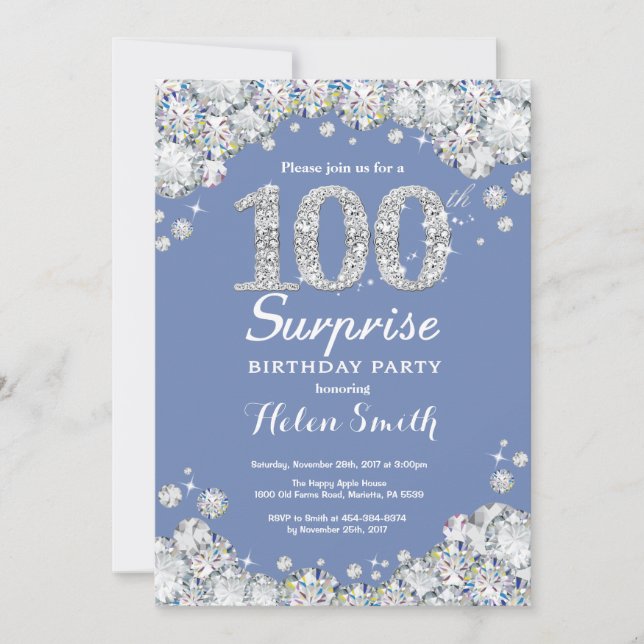 Surprise 100th Birthday Blue Silver Diamond Invitation (Front)