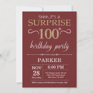 Surprise 100th Birthday Burgundy and Gold Glitter Invitation