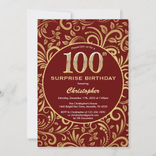 Surprise 100th Birthday Burgundy Red & Gold Floral Invitation