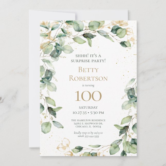 Surprise 100th Birthday Eucalyptus Card Request (Front)