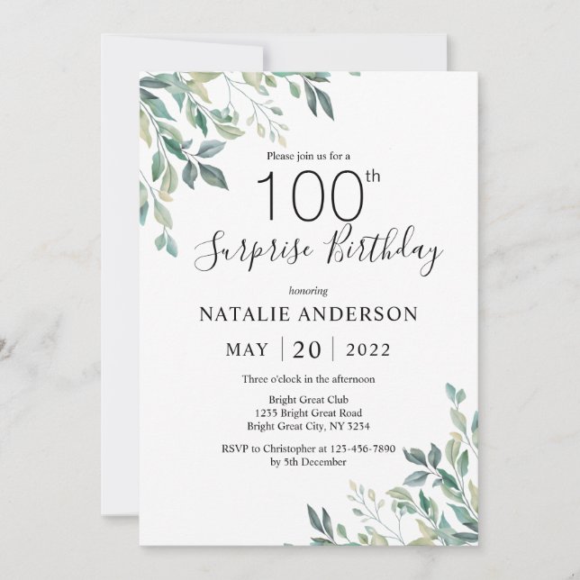 Surprise 100th Birthday Green Eucalyptus Greenery Invitation (Front)
