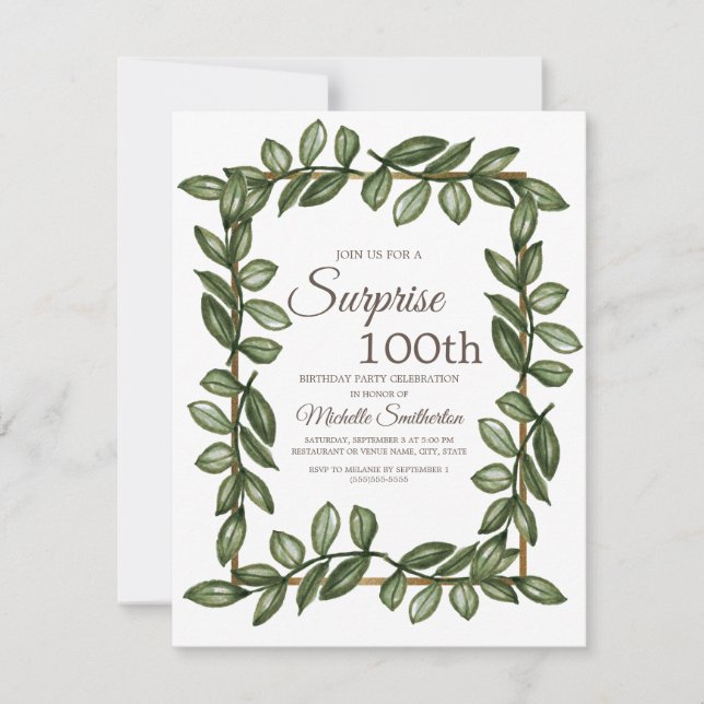 Surprise 100th Birthday Green Leaves Women Invitation (Front)