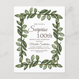 Surprise 100th Birthday Green Leaves Women Invitation