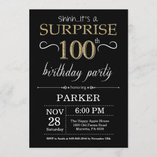 Surprise 100th Birthday Invitation Black and Gold