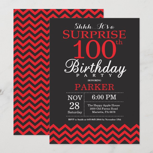 Surprise 100th Birthday Invitation Black and Red (Front/Back)