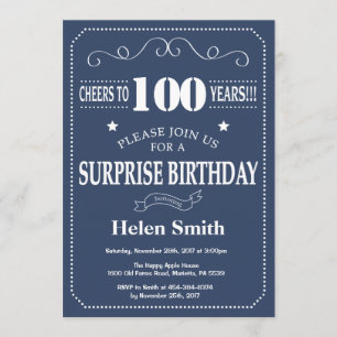 Surprise 100th Birthday Invitation Blue and Whit