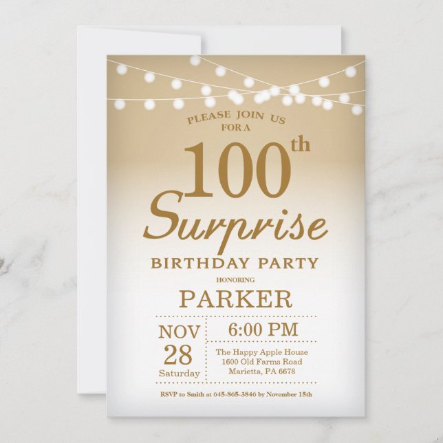 Surprise 100th Birthday Invitation Gold (Front)