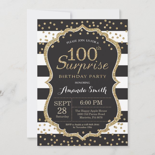 Surprise 100th Birthday Invitation. Gold Glitter Invitation (Front)