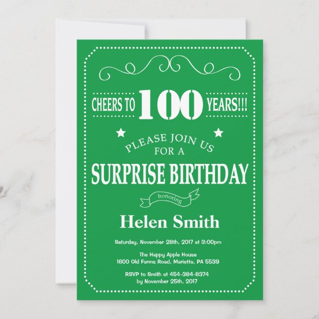 Surprise 100th Birthday Invitation Green and Whit (Front)