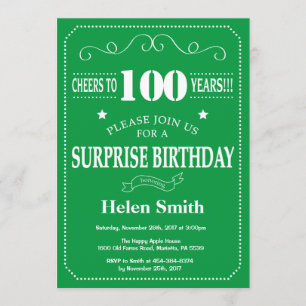 Surprise 100th Birthday Invitation Green and Whit