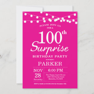 Surprise 100th Birthday Invitation Hot Pink