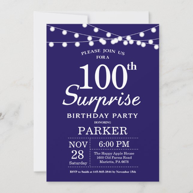 Surprise 100th Birthday Invitation Navy Blue (Front)