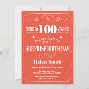 Surprise 100th Birthday Invitation Orange and Whit