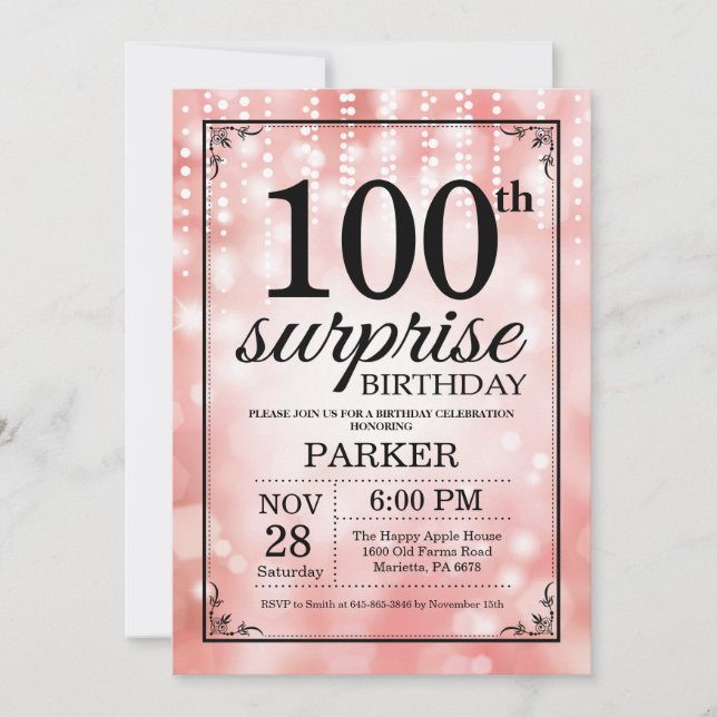 Surprise 100th Birthday Invitation Pink Glitter (Front)