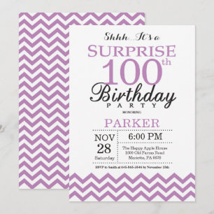 Surprise 100th Birthday Invitation Purple Chevron