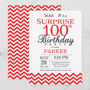 Surprise 100th Birthday Invitation Red Chevron
