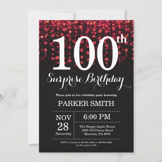 Surprise 100th Birthday Invitation Red Glitter (Front)