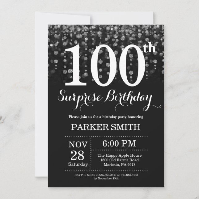 Surprise 100th Birthday Invitation Silver Glitter (Front)