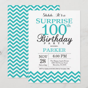 Surprise 100th Birthday Invitation Teal Chevron