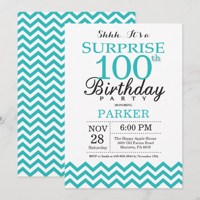 Surprise 100th Birthday Invitation Teal Chevron (Front/Back)