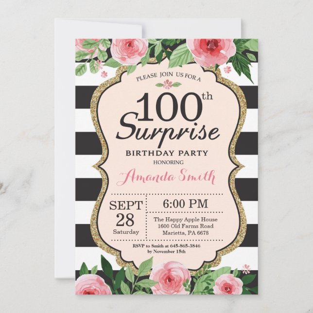 Surprise 100th Birthday Invitation Women Floral (Front)