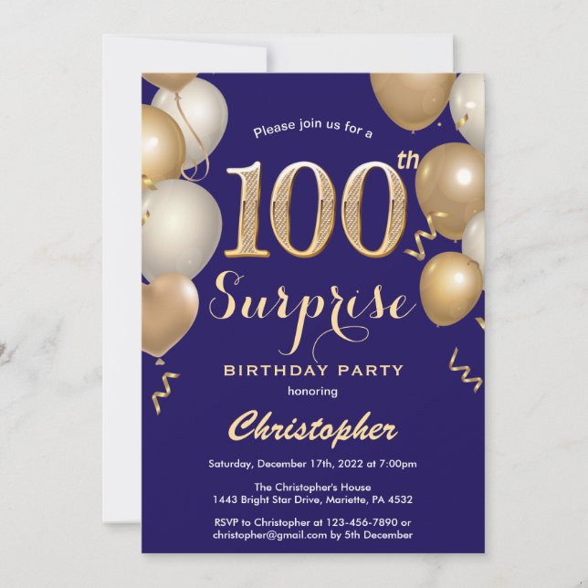 Surprise 100th Birthday Navy Blu and Gold Balloons Invitation (Front)