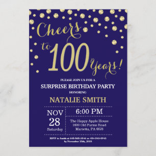 Surprise 100th Birthday Navy Blue and Gold Diamond Invitation