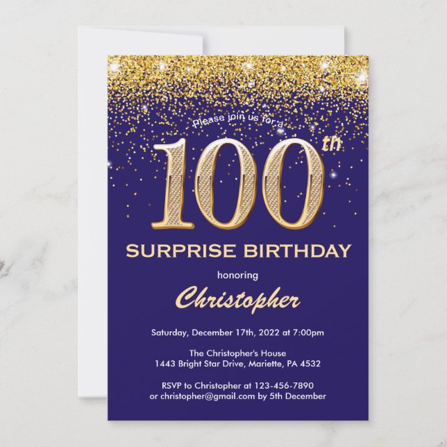 Surprise 100th Birthday Navy Blue and Gold Glitter Invitation (Front)