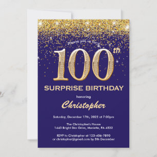 Surprise 100th Birthday Navy Blue and Gold Glitter Invitation